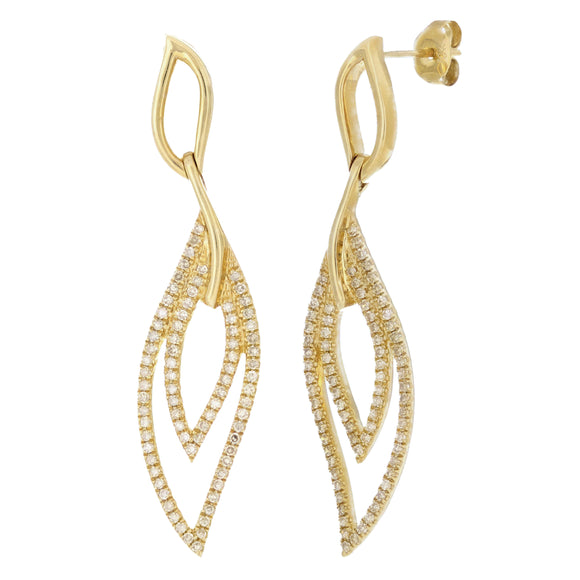 10k Yellow Gold 0.68ctw Diamond Double Marquise Leaf Dangle Earrings