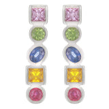 14k White Gold Rainbow Sapphire, Ruby & Citrine Geometric Linear Earrings