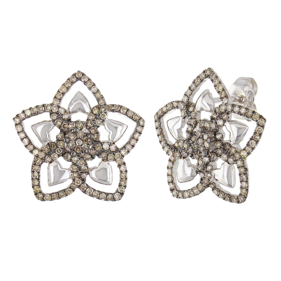 10k White Gold 0.89ctw Brown Diamond Pave Heart Flower Earrings