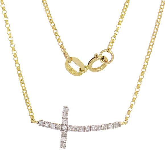 14k Yellow Gold 0.20ctw Diamond Sideways Cross Pendant Layering Necklace 18
