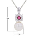 14k White Gold 0.10ctw Cultured White Pearl Ruby & Diamond Drop Pendant Necklace