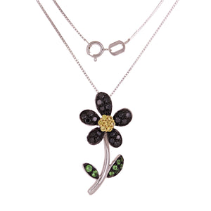 14k White Gold 0.25ctw Tsavorite, Sapphire & Black Diamond Flower Necklace 18"