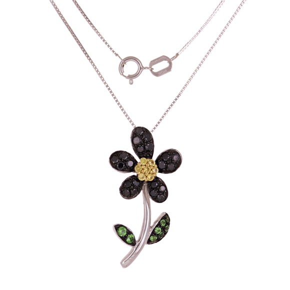 14k White Gold 0.25ctw Tsavorite, Sapphire & Black Diamond Flower Necklace 18
