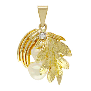 10k Yellow Gold Free-Form Nacre Mother of Pearl & Sparkling Accent Leaf Pendant
