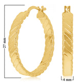 Italian 14k Yellow Gold Hollow Flat Rope Hoop Earrings 1.1" 4mm 2.6 grams