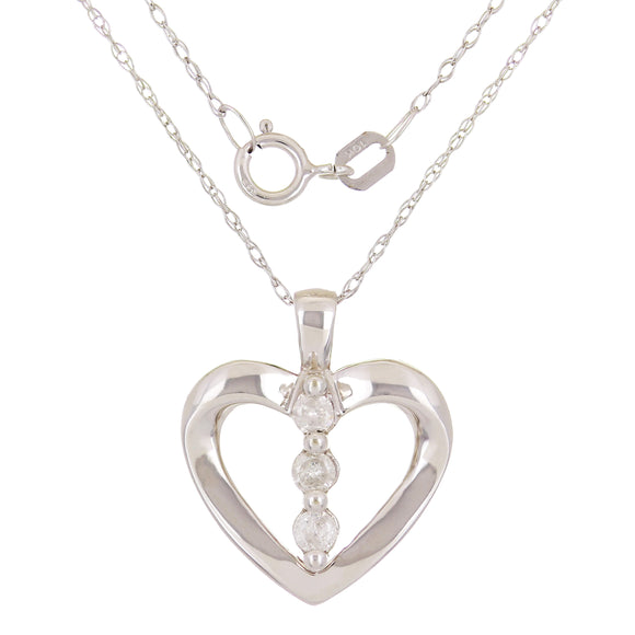 10k White Gold 0.20ctw Diamond 3 Stone Open Heart Pendant Necklace 18