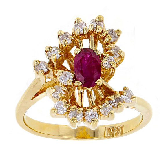 14k Yellow Gold 0.33ctw Oval Ruby & Diamond Swirling Cluster Ring Size 6