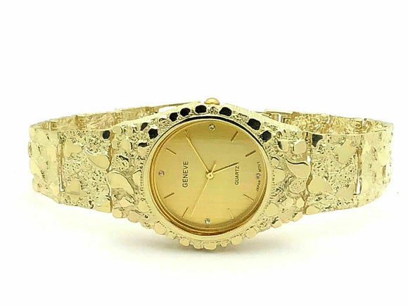 10k Yellow Gold Nugget Wrist Watch Link Bracelet with Geneve Watch 7.5