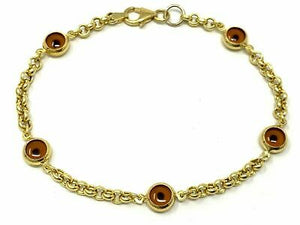 14k Yellow Gold Tiger Eye Charm Bracelet Rolo Chain 8" 7.3mm 5.2 grams