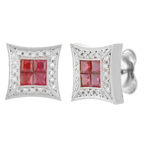 14k White Gold 0.37ctw Ruby & Diamond Checkerboard Square Earrings