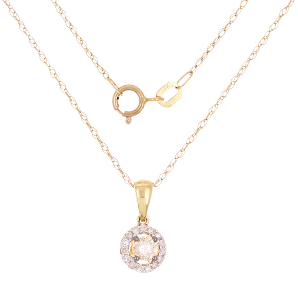 14k Yellow Gold 0.25ctw Champagne Diamond Halo Solitaire Pendant Necklace 18