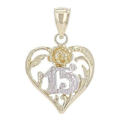 14k Two Tone Gold Quinceanera 15 Anos Heart Charm Pendant 1.1