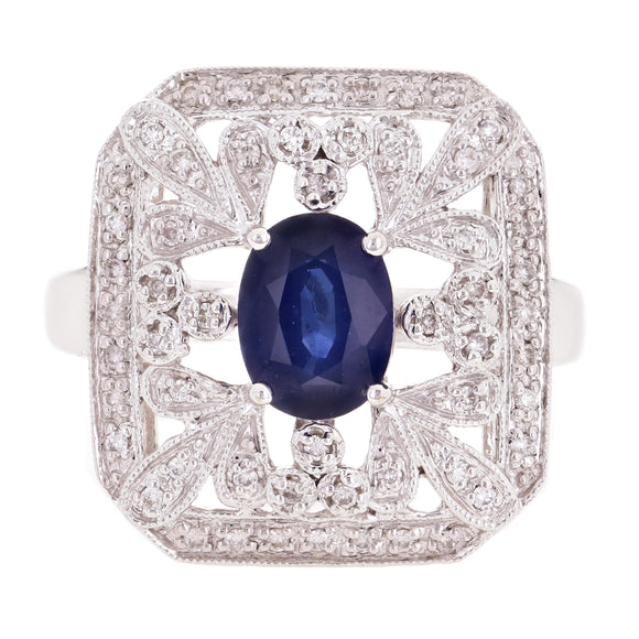 14k White Gold 0.25ctw Sapphire & Diamond Vintage Style Trellis Ring Size 6.75