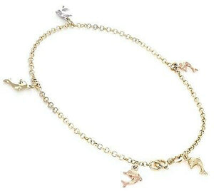 14k Tri Color Gold Dolphin Heart Anklet Charm Bracelet 10" 2.4mm 4.4 grams