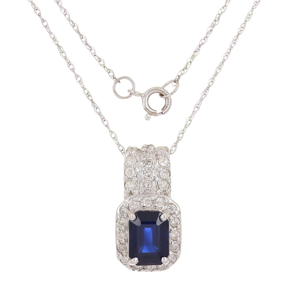 14k White Gold 0.25ctw Sapphire & Diamond Vintage Style Pendant Necklace 18