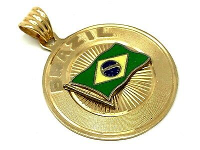 14k Yellow Gold Enamel Brazil Flag Handmade Charm Pendant 1.3