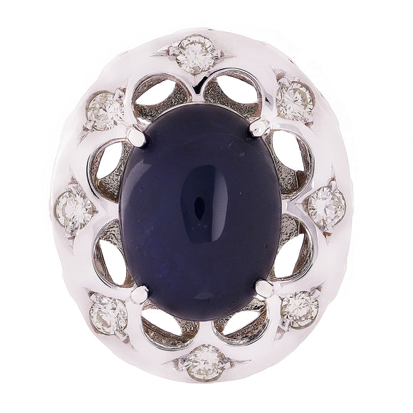 14k White Gold 0.65ctw Blue Star Sapphire & Diamond Oval Large Cocktail Ring