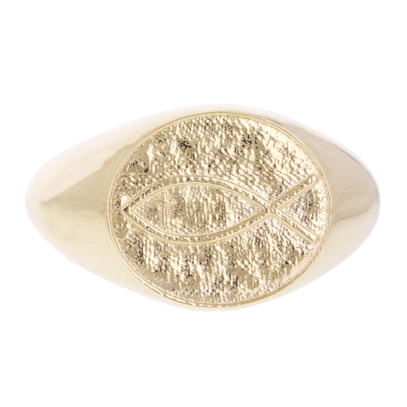 14k Yellow Gold Oval Signet Ichthus Ring Christian Fish Size 8 13.5 mm 6.4 grams
