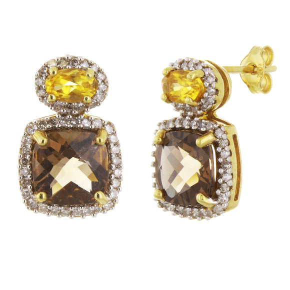 14k Yellow Gold 0.35ctw Diamond, Smoky Quartz & Citrine Drop Earrings