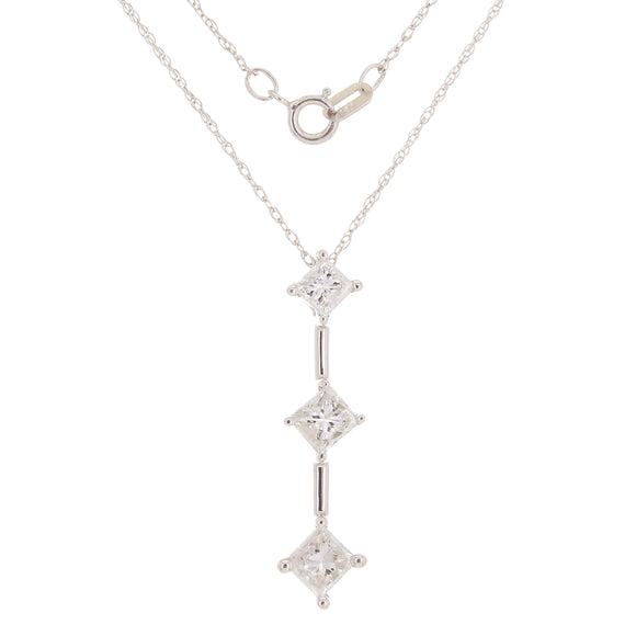 14k White Gold 1ctw Princess Diamond Three Stone Bar Pendant Necklace 18