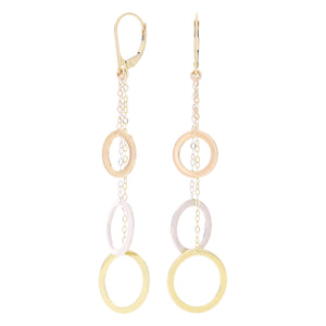 Italian 14k Yellow White & Rose Gold Shiny Circle Chain Linear Dangle Earrings 2.9"