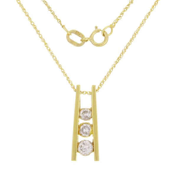 14k Yellow Gold 0.50ctw Diamond Three-Stone Ladder Pendant Necklace