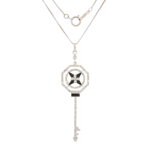14k White Gold 0.55ctw Diamond & Onyx Pinwheel Skeleton Key Pendant Necklace 18"