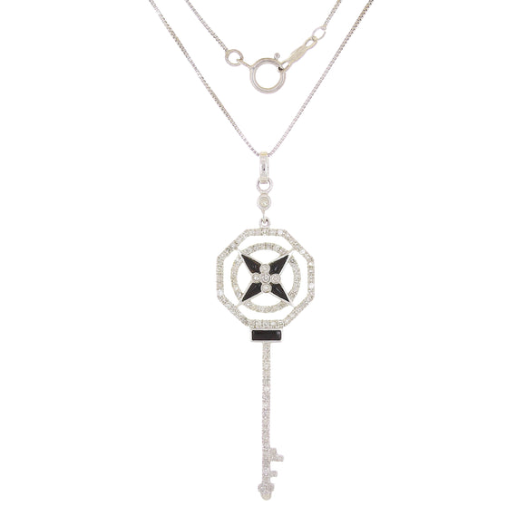 14k White Gold 0.55ctw Diamond & Onyx Pinwheel Skeleton Key Pendant Necklace 18