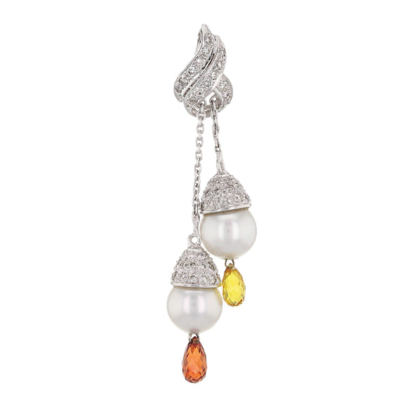 18k White Gold 0.68ctw White Cultured Pearl Sapphire & Diamond Dangling Pendant