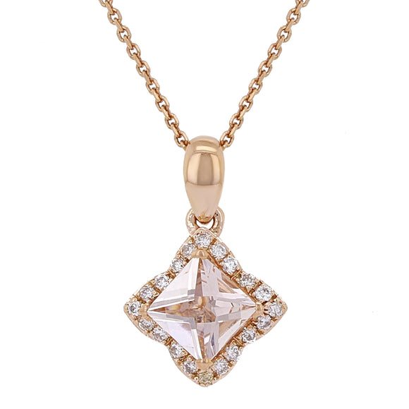 14k Rose Gold 0.55ctw Morganite & Diamond Princess Halo Drop Pendant Necklace