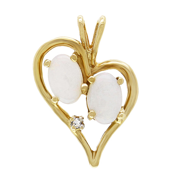 14k Yellow Gold Double White Opal & Diamond Accent Heart Pendant