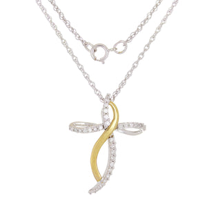10k Two Tone Gold 0.25ctw Diamond Swirling Ribbon Cross Pendant Necklace 18"