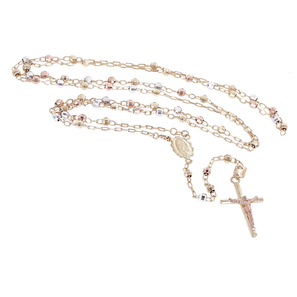 14k Tri Color Gold Diamond Cut Ball Beads Rosary Necklace 26