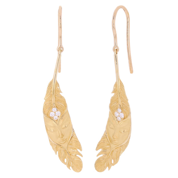 18k Yellow Gold Satin Finish 0.12ctw Diamond Goddess Leaf Crown Dangle Earrings