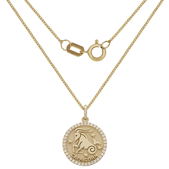 14k Yellow Gold Diamond Zodiac Sign Capricorn Pendant Necklace 18