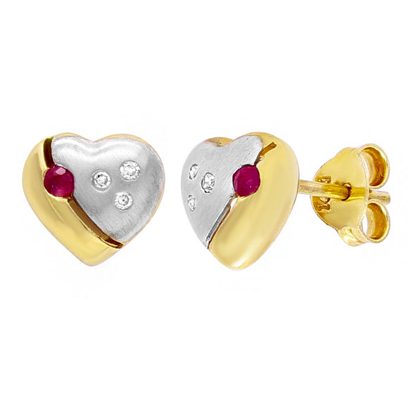 10k Two Tone Gold Ruby & Diamond Puffy Heart Stud Earrings
