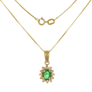 14k Yellow Gold 0.25ctw Emerald & Diamond Oval Cluster Pendant Necklace