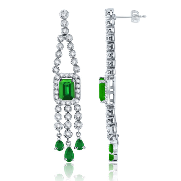 14k White Gold 1.50ctw Emerald & Diamond Chandelier Fringe Dangle Earrings