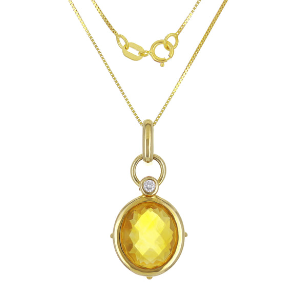 14k Yellow Gold 0.15ctw Oval Citrine & Diamond Door Knocker Pendant Necklace 18