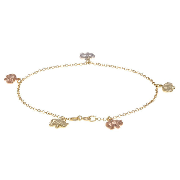 14k Tri Color Gold Elephant Charm Anklet Bracelet 10