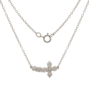 14k White Gold 0.55ctw Diamond Petite Sideways Curved Cross Pendant Necklace
