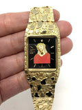 10k Yellow Gold Nugget Link Wrist Watch Bracelet Geneve Jesus Christ Watch 7.5"