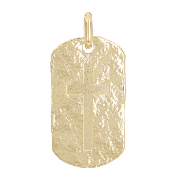 14k Yellow Gold Hammered Finish Dog Tag with Cross Charm Pendant 1.9