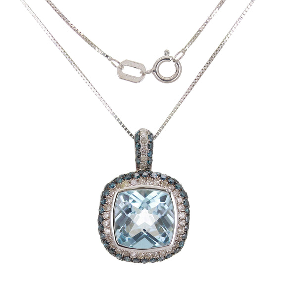 10k White Gold 0.60ctw Blue Topaz & Diamond Pave Cushion Pendant Necklace 18