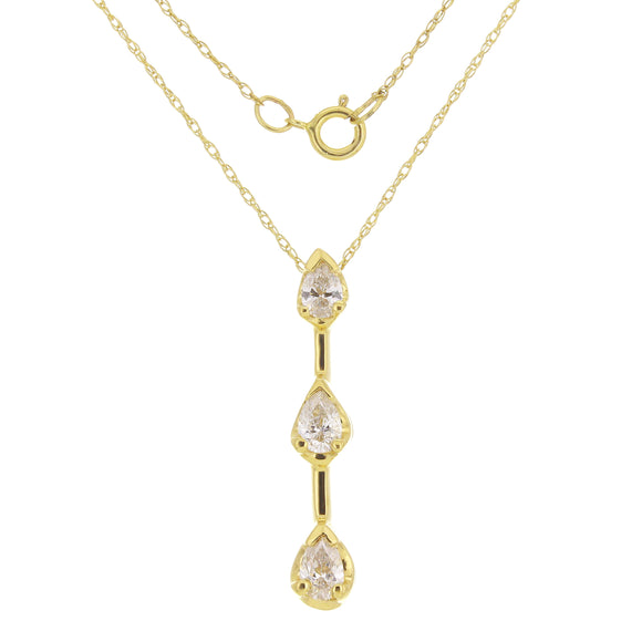14k Yellow Gold 0.50ctw Pear Diamond Three Stone Bar Pendant Necklace 18