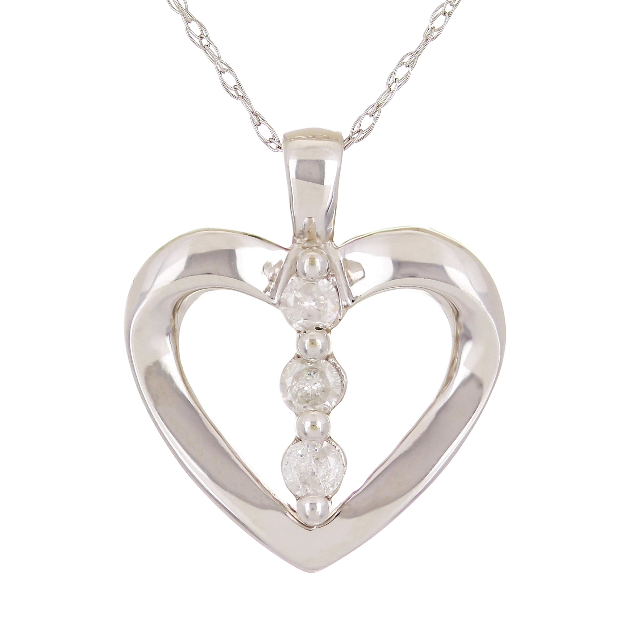 10k White Gold 0.20ctw Diamond 3 Stone Open Heart Pendant Necklace