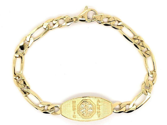 14k Yellow Gold Medical Alert Figaro Chain ID Bracelet 7.5