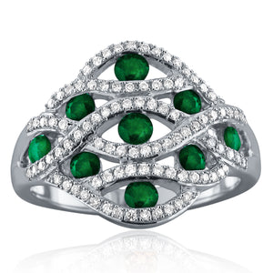 14k White Gold 0.75ctw Emerald & Diamond Vintage Style Trellis Ring Size 7