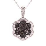 10k White Gold 0.60ctw Black & White Diamond Pave Daisy Pendant Necklace 18"