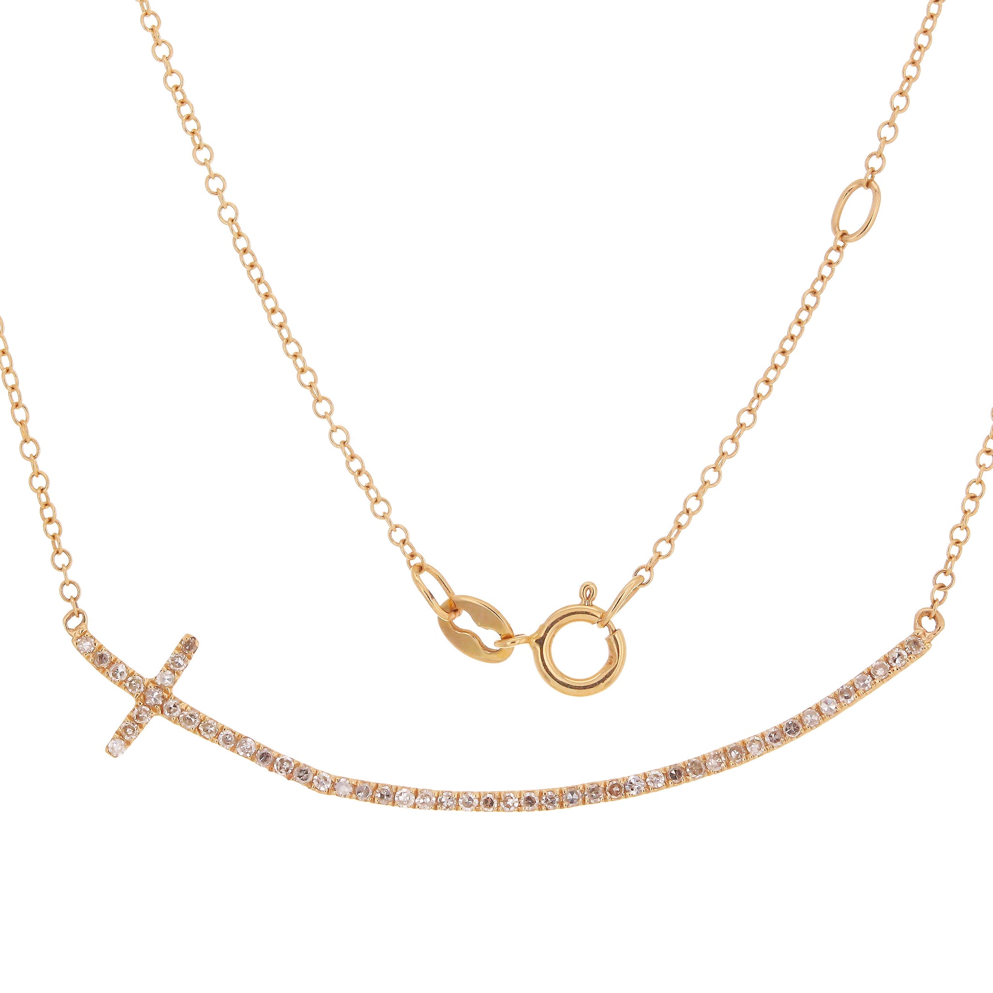 14K Rose Gold Black Diamond Sideways Curved Cross Necklace